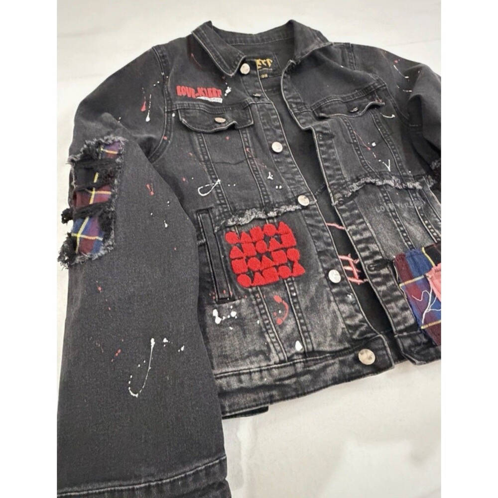 KLEEP Unisex Denim Jacket XS S Graffiti Patchwork Distressed Punk Streetwear - Picture 3 of 9